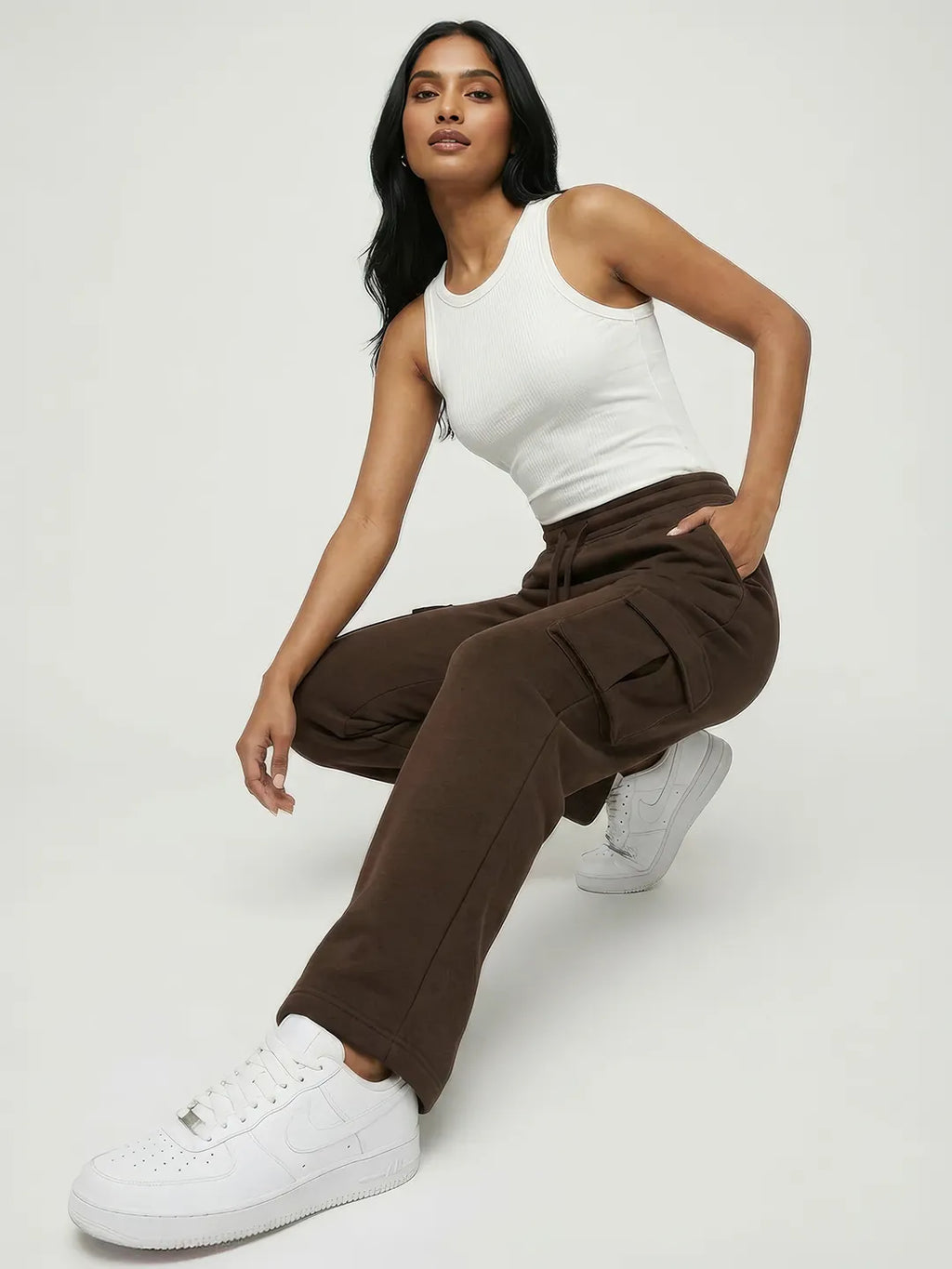 Womens Coffee Brown Cargo Joggers w/ 4 Pockets